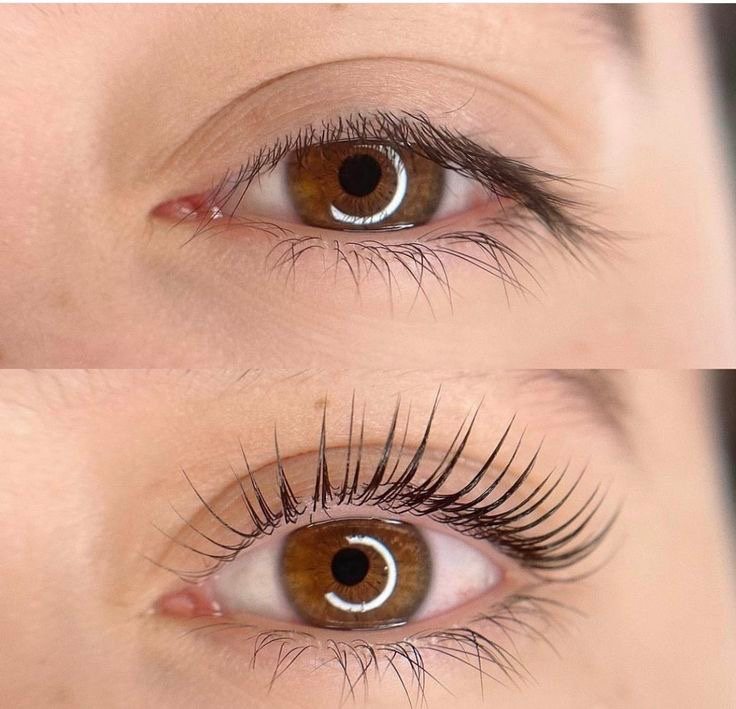 Antes e depois de um lash lifting: cílios naturais curvados